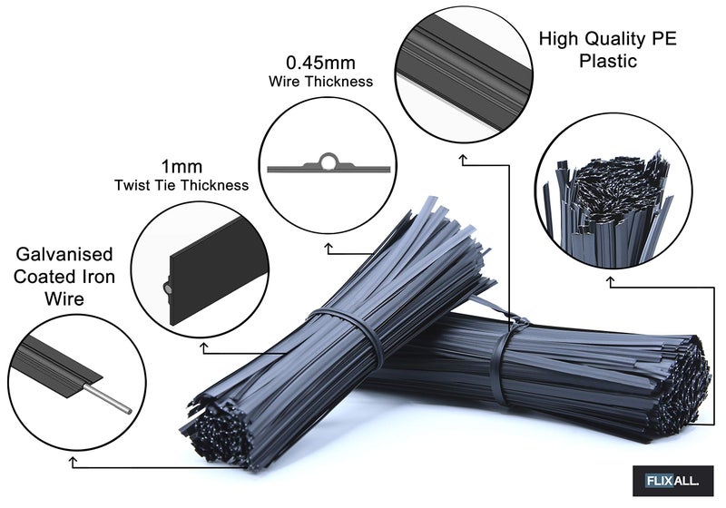 Flixall. 5 inches Twist Ties Pack of 100 - Premium Quality Reusable Black Plastic Coated Twist Ties for Bags, Cords - Bread Ties for Household - Image 2